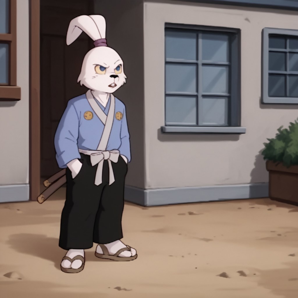 score_9, score_8_up, score_7_up, score_6_up, score_5_up, score_4_up, source_furry, Usagitmnt, anthro, male, rabbit, white fur, rabbit ears, buck teeth, blue eyes, yellow sclera, blue shirt, long sleeves, black pants, ears tied, topknot, purple hairband, socks, sandals, standing, outside, katana, sheathed, solo, 1boy