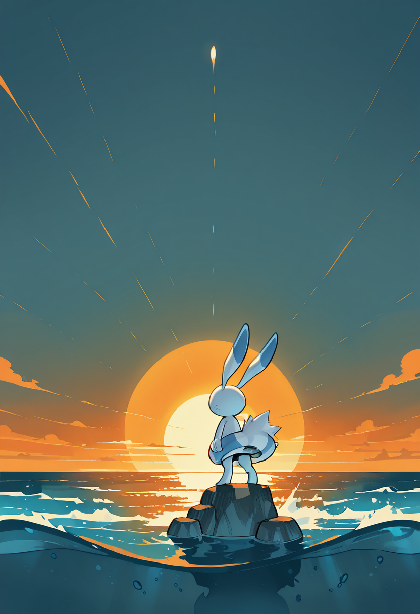 masterpiece, best quality, no humans,    zzWarabbit, tidal pool, rocks, ocean spray, setting sun, wide shot, determined expression, wind-swept atmosphere â Standing on a rocky ledge above a tide pool, zzWarabbit stares out toward the crashing sea. Orange light from the setting sun glints off the water, while ocean spray mists the air around it. The wind tugs at the waves and the silence speaks of coming adventure.   <lora:WarabbitPokedex_IXL:1.0>,