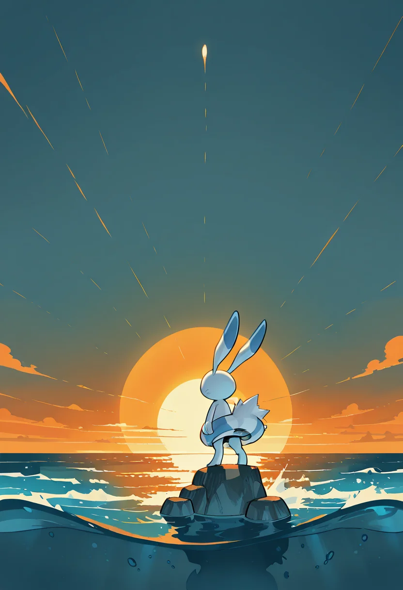 masterpiece, best quality, no humans, zzWarabbit, tidal pool, rocks, ocean spray, setting sun, wide shot, determined expression, wind-swept atmosphere â Standing on a rocky ledge above a tide pool, zzWarabbit stares out toward the crashing sea. Orange light from the setting sun glints off the water, while ocean spray mists the air around it. The wind tugs at the waves and the silence speaks of coming adventure. <lora:WarabbitPokedex_IXL:1.0>,