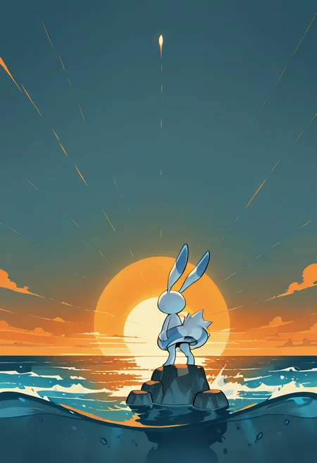 masterpiece, best quality, no humans, zzWarabbit, tidal pool, rocks, ocean spray, setting sun, wide shot, determined expression, wind-swept atmosphere â Standing on a rocky ledge above a tide pool, zzWarabbit stares out toward the crashing sea. Orange light from the setting sun glints off the water, while ocean spray mists the air around it. The wind tugs at the waves and the silence speaks of coming adventure. <lora:WarabbitPokedex_IXL:1.0>,