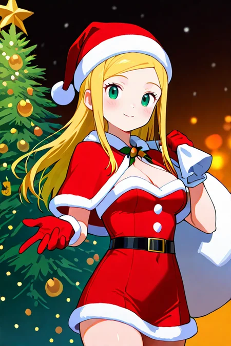masterpiece, High quality, Ultra detailed, 2d, newest, absurdres, highres, BREAK
1girl, solo, <lora:orimoto_izumi:0.8>, izumi_orimoto, long hair, blonde hair, green eyes, 
medium breasts, izumiNd, santa costume, santa hat, christmas, sack, merry christmas, gift, fur-trimmed headwear, holding sack, santa dress, fur-trimmed dress, christmas tree, christmas tree, fur trim, red capelet, gift box, red gloves, fur-trimmed capelet, santa gloves, red hat, hat,