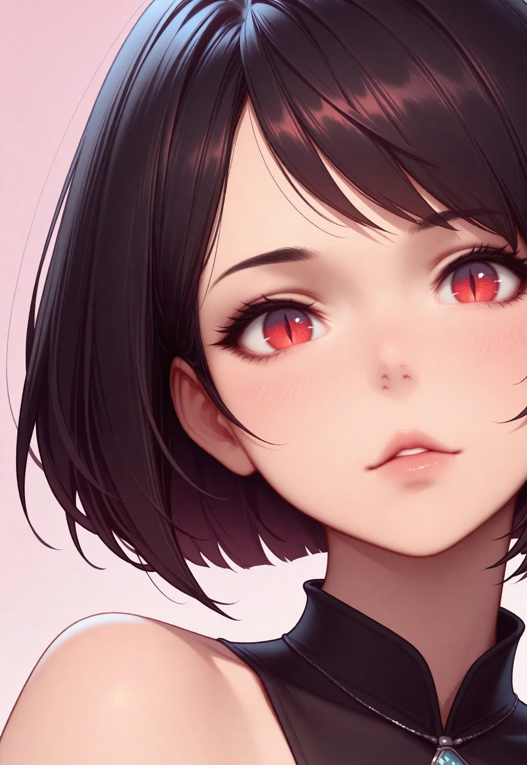 masterpiece, best quality, amazing quality, very aesthetic, (flat colors:1), (Artist:Tsuaii:1), close up portrait, zoomed portrait, 1girl, looking at viewer, black hair, bob cut, swept bangs, slit pupils, red eyes, gorgeous lips