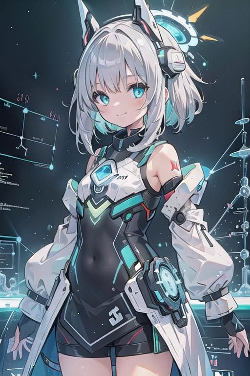 (masterpiece), (science fiction:1.4), 1girl, standing, smile, silver hair, aqua eyes, headgear, long sleeves, detached sleeves, glowing energy clothing, light particles