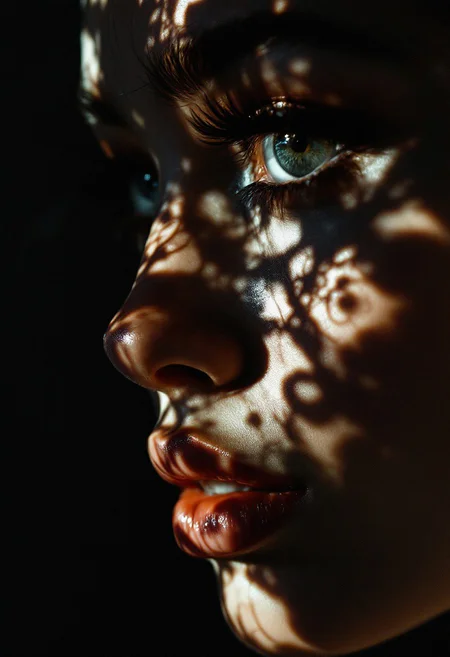 close-up woman's face, rendered in stunning detail, large, round eyes, smooth lines, play of light and shadow, professional photoshoot, vibrant, illustration