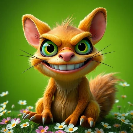The image shows an exaggerated, cartoon-like creature with large green eyes, sharp teeth, and a wide, mischievous smile. It has a yellowish-brown fur coat, long whiskers, and sharp claws, with a bushy tail. The setting is a simple flowers green background.  highly detailed, high contrast, film grain, Rim Lighting, absurdres, amazing quality,,solo, smile, simple background, animal ears, sitting, tail, full body, teeth, cat ears, grin, cat tail, no humans, cat, sharp teeth, black background, claws, outline, green theme,realistic,, rich vivid colors, fertile, professional creative, dynamic cinematic perfect background, very coherent 