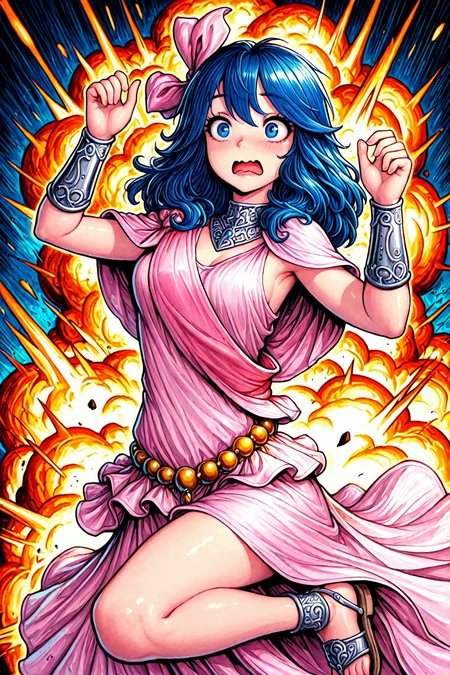 masterpiece, best quality, amazing quality, hatching (texture), FMIXF, vibrant details, vibrant colors, GOHPIA, solo, medium length hair, 1girl, blue hair, blue eyes pink hair bow, silver bracers, neckace, gold bead belt, long pink gown, pink shawl, pink shoulder sash, knocked back, wavy mouth, hands raised, surprise, explosion background, sandals, lips, open mouth