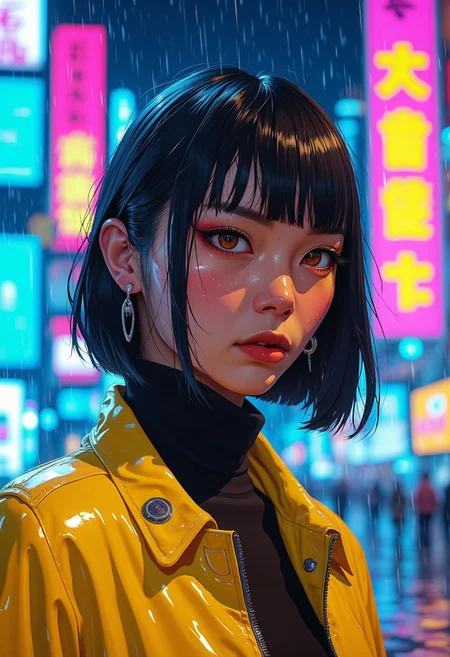 gorgeous 25 year old japanese woman, bob with fringe, dark eye makeup, raining, against a backdrop of a neon cyberpunk city at night, black turtleneck and yellow bomber jacket, portrait, splashes in colour