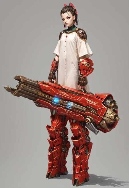 score_9, score_8_up, score_7_up, rating_safe, concept art, semi-realistic, 1girl, solo, 
Young beautiful face, fit body, 
HHWeapon, Holding weapon, ((Huge weapon)),
Holding weapon with one hand.
Mecha musume. Fantasy gun.
Simple background.