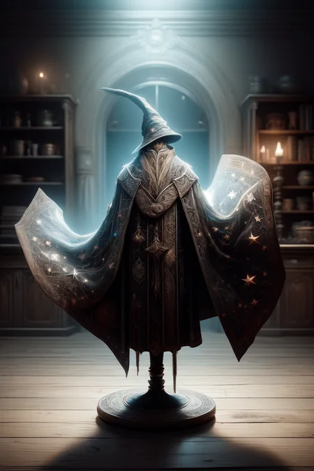 a wizard robe floating over a pedestal, masterpiece, best quality, hdr, 8k, dynamic pose, <lora:Mild detail adjusterV10:0.7>, <lora:more_details:0.3>,   <lora:wizardrope:0.6> Wizardrope <lora:typography-astrology-style-darquelilly-v1:0.7> typologyastrologystyle, prize at the end of the dungeon