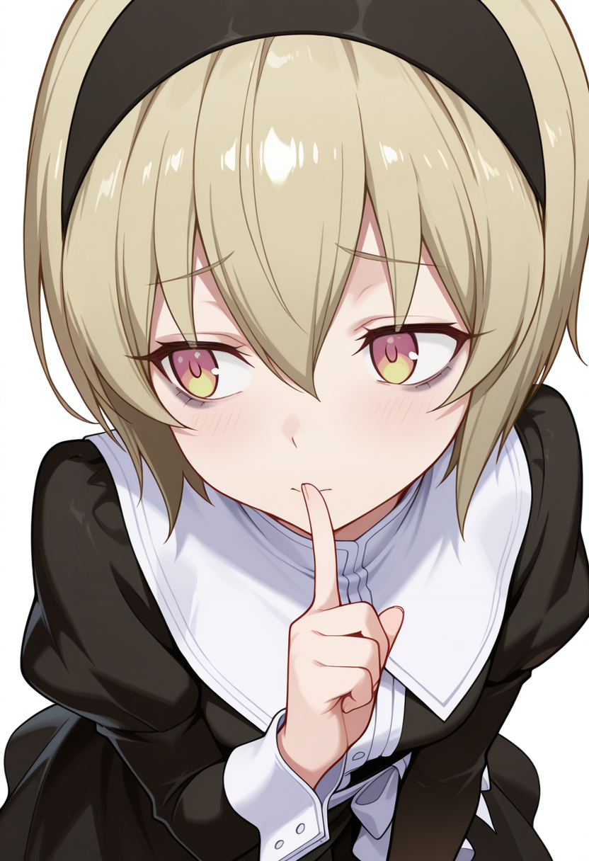 Smooth Quality,masterpiece,very intricate, high quality details, ultra realistic, high detailed skin,detailed enviorement,absurdres,
shushing,
 <lora:Pekora_CNR:0.8> pekora_cnr, 1girl, blonde hair, short hair, bangs, yellow eyes, multicolored eyes, shiny hair black hairband,bags under eyes,, frustrated,, simple background, white background, from above,solo,, gothic blouse,  ,sarong,sheer skirt,  ,