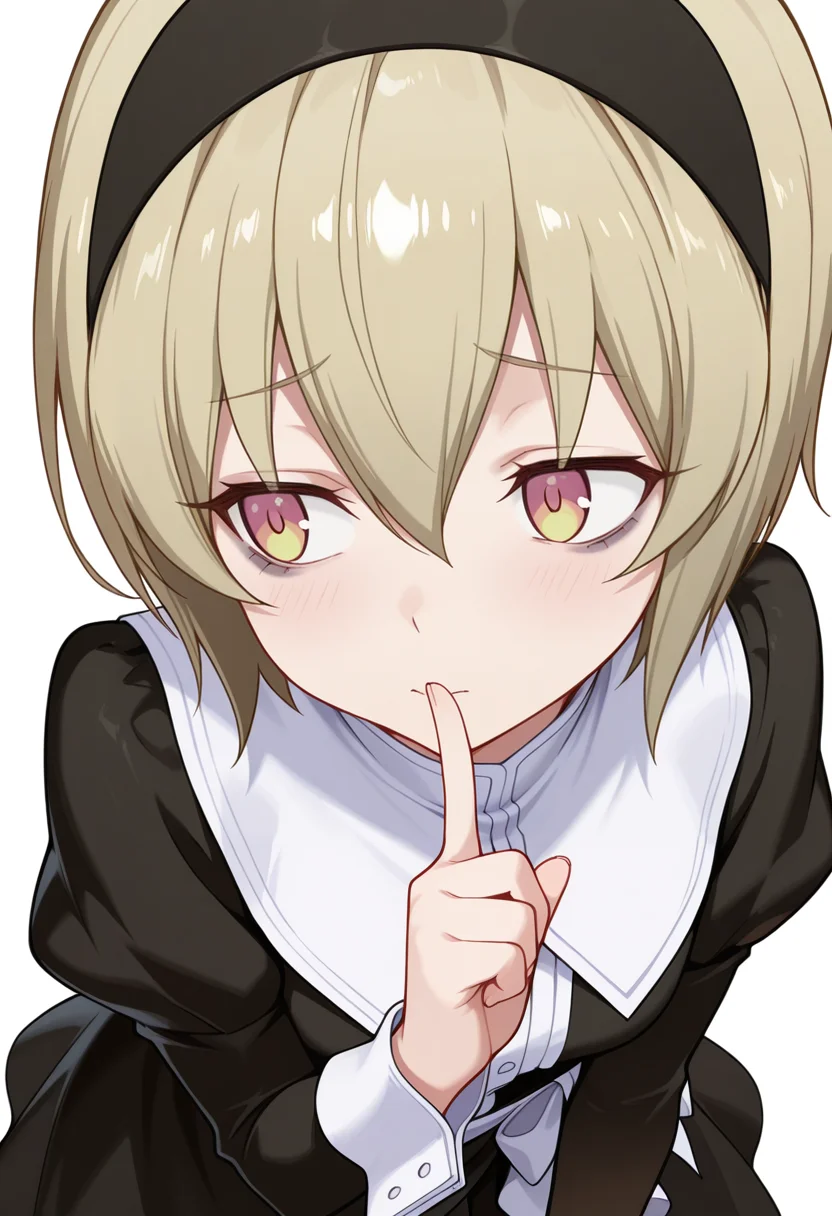 Smooth Quality,masterpiece,very intricate, high quality details, ultra realistic, high detailed skin,detailed enviorement,absurdres,
shushing,
<lora:Pekora_CNR:0.8> pekora_cnr, 1girl, blonde hair, short hair, bangs, yellow eyes, multicolored eyes, shiny hair black hairband,bags under eyes,, frustrated,, simple background, white background, from above,solo,, gothic blouse, ,sarong,sheer skirt, ,