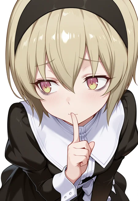 Smooth Quality,masterpiece,very intricate, high quality details, ultra realistic, high detailed skin,detailed enviorement,absurdres,
shushing,
 <lora:Pekora_CNR:0.8> pekora_cnr, 1girl, blonde hair, short hair, bangs, yellow eyes, multicolored eyes, shiny hair black hairband,bags under eyes,, frustrated,, simple background, white background, from above,solo,, gothic blouse,  ,sarong,sheer skirt,  ,