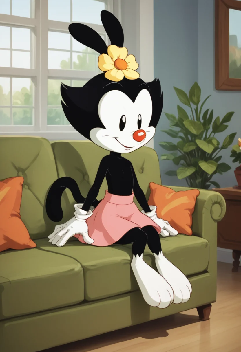 score_9, score_8_up, score_8,  <lora:Dot_Warner_Animaniacs_for_PonyXl:0.8> 1girl, skirt, animal ears, d0tw4n3r, hair ornament, hair flower, white gloves, tail, sitting on couch, living room, window,