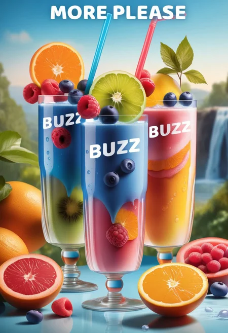 Vibrant fruit smoothie in a glass, bursting with fresh summer flavors.  Layered fruit slices – oranges, watermelon, lemons, raspberries, blueberries, and green grapes – are artfully arranged within a tall, clear glass.  A cascade of water splashes around the glass, highlighting the vibrant colors and textures.  Icy cubes are visible within the drink, adding to the refreshing atmosphere.  Two red drinking straws extend from the glass, adding a playful touch.  The background features a picturesque waterfall, with soft, pastel colors of light blue sky and green foliage.  Sweet, colorful candies and sugar crystals are scattered in mid-air, creating a sense of a joyful, lighthearted mood.  The artwork is characterized by a bright, vivid color palette, with warm oranges, pinks, and blues, capturing the essence of a summer day.  The style is detailed and meticulously rendered. The perspective is a close-up, showcasing the detailed composition of the drink.  Realistic water droplets and splashes add a dynamic, lively quality.  Smooth gradients and a high level of detail in the textures of the fruits and liquid create a polished, appetizing image.  The overall impression is one of a refreshing and joyful summertime experience.