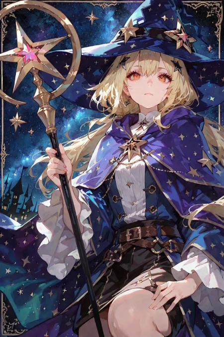 USNR, score_9, score_8_up, score_7_up,source_anime, 1girl, solo, dynamic angle, Astrologist outfits, Luminous star prinwitch hat, hair ornament, Star Magic Wand, holding staff, eye shadow, jewelry, vibrant, cinematic shadows, night sky, (kawaii), [(detailed background:1.2)::0.2], (starry sky border background:1.2), masterpiece, best quality, amazing quality, very aesthetic, absurdres, highres, newest, intricate details, high contrast, blight face, large pupil, eyelashes, <lora:enhancerV4-pony:1> <lora:ponyv4_noob1_2_adamW:1> <lora:USNR STYLE_XL_loha:1>