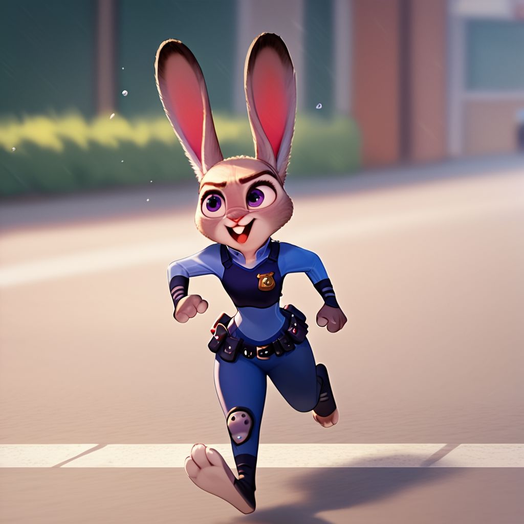 score_9, score_8_up, score_7_up, score_6_up, score_5_up, score_4_up, 1girl, Ju_dy, rabbit ears, police uniform, running, on a street, satisfied look