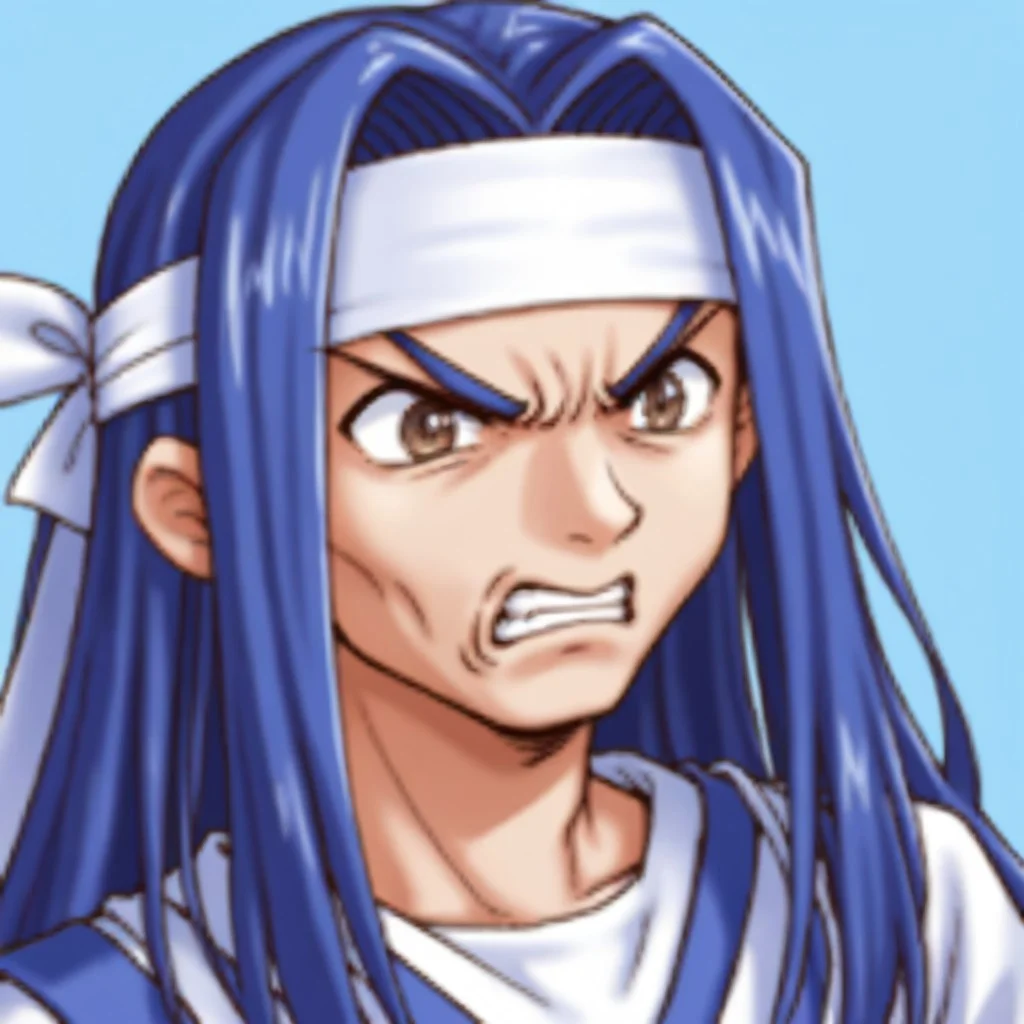 (source_anime, score_9, score_8_up, score_7_up:1), rm2kfaceset, 1boy, solo, blue hair, brown eyes, long hair, white headband, angry, blue background