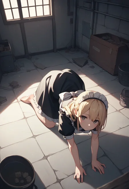 score_9, score_8_up, score_7_up, score_6_up, source_anime, 1girl, basement, dimly lit, dark,
maid, all fours, blonde hair, looking at viewer,
<lora:basement_v0.2-pony:1>