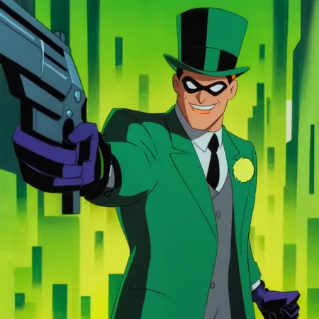 anime artwork of  <lora:Batman The Animated Series Style:1.2>
Riddler In Gotham City a man in a green suit holding a gun Batman The Animated Series Style, anime style, key visual, vibrant, studio anime,  highly detailed