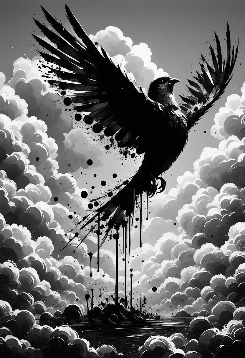 score_9, score_8_up, score_7_up, <lora:Ink_Splats:1>, ink splats, cinematic composition, ink, monochrome, hawk, cloud, sky, top down view