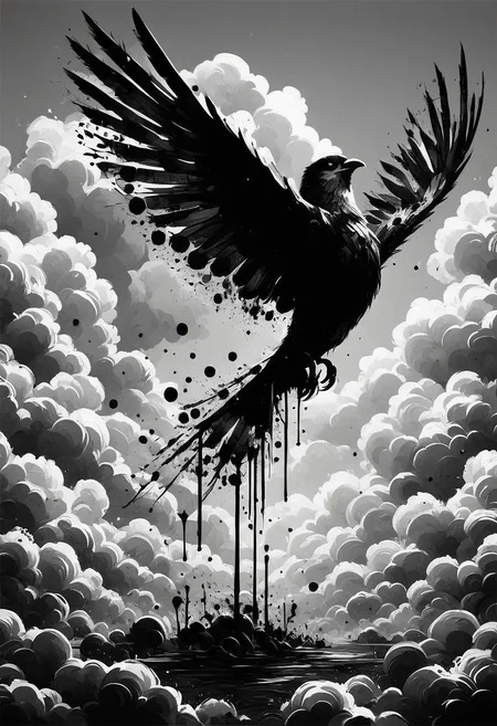 score_9, score_8_up, score_7_up, <lora:Ink_Splats:1>, ink splats, cinematic composition, ink, monochrome, hawk, cloud, sky, top down view