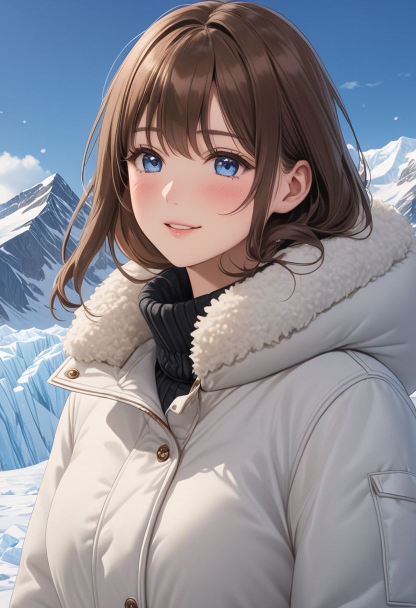 ((((white Oversized shearling down jacket)))), ((((white Oversized shearling puffer jacket)))), ((((white Oversized shearling winter clothes)))), ((((very very cold, in cold)))), ((((semi-realistic)))), ((((feet out of frame)))), ((((puffer hood)))), ((medium knee office skirt, pantyhose, boots)))), ((sharp eyelid, eyeliner, eyelashes, beautiful detailed eyes, tsurime, long messy brown hair, blue eyes, perfect anatomy)), smile, standing, icefield, ((((masterpiece)))), ((((best quality)))), ((intricate details)), RAW, 8K UHD, (1girl), office lady, detailed face, beautiful face, charming, bonny, (((blush))), (((heavy breathing))), (((feels orgasm))), wind, (Thick padded collar:1.4), (TSH:1.4), (Thick padded cuffs:1.4)