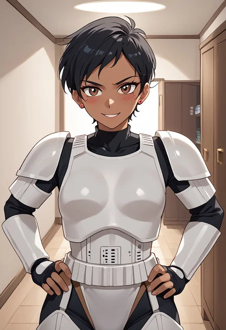 score_9,score_8_up,score_7_up, BREAK ,LoisSDXL,1girl, solo, short hair,black hair,brown eyes,jewelry,earrings,dark skin,dark-skinned female, BREAK,stormtrooper, armor, white armor, bodysuit under clothes, covered collarbone, covered neck, BREAK,cowboy shot, hand on hips, standing, looking at viewer, blush, smile, BREAK, indoors, room, closet, Expressiveh