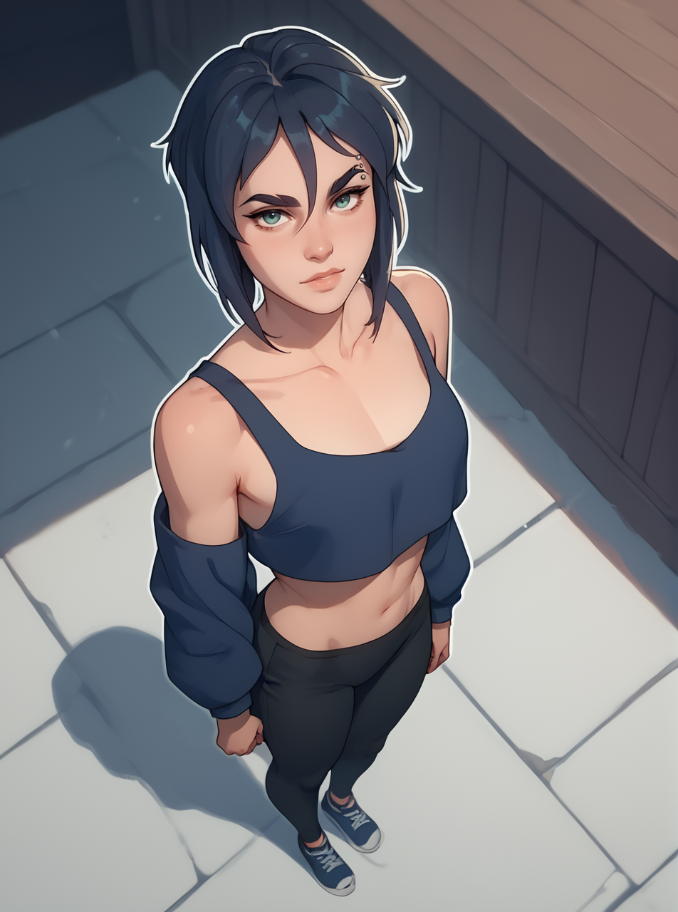 score_9, score_8_up, score_7_up,  1girl, cartoon, western animation, looking at viewer, flat colors, outline, standing, full body, from above,  <lora:laurielpxl:1>, laurielpxl, eyebrow piercing,