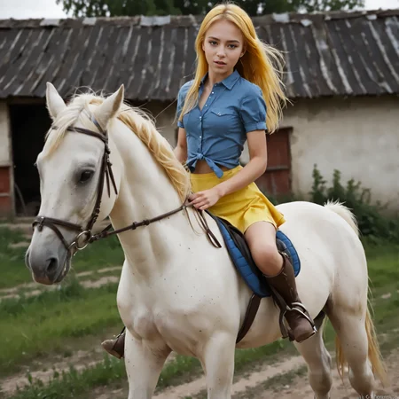 RiHorse, front_view++ (slim 25yo girl) riding a galloping horse. The girl wears yellow short skirt and blue shirt. The girl has long blonde hair <lora:RideHorse:1>