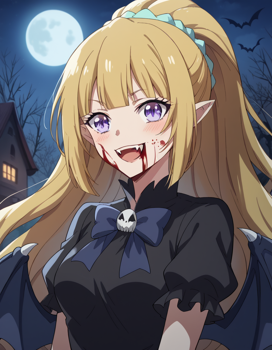 score_9, score_8_up, score_7_up, source_anime, keikaruizawa, <lora:kei-karuizawa-anime-s2-ponyxl-lora-nochekaiser:1>, kei karuizawa, long hair, bangs, blunt bangs, purple eyes, blonde hair, hair ornament, ponytail, scrunchie, blue scrunchie, medium breasts,, <lora:vampire-ponyxl-lora-nochekaiser:1>, vampire, red eyes, pointy ears, fangs, black dress, wings, blood, blood on face, blood on mouth, bat (animal), halloween, halloween costume, upper teeth only, night, moon, blush, smile, open mouth,, looking at viewer