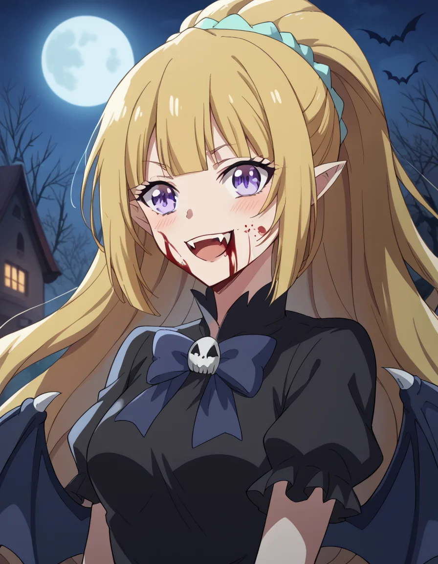 score_9, score_8_up, score_7_up, source_anime, keikaruizawa, <lora:kei-karuizawa-anime-s2-ponyxl-lora-nochekaiser:1>, kei karuizawa, long hair, bangs, blunt bangs, purple eyes, blonde hair, hair ornament, ponytail, scrunchie, blue scrunchie, medium breasts,, <lora:vampire-ponyxl-lora-nochekaiser:1>, vampire, red eyes, pointy ears, fangs, black dress, wings, blood, blood on face, blood on mouth, bat (animal), halloween, halloween costume, upper teeth only, night, moon, blush, smile, open mouth,, looking at viewer