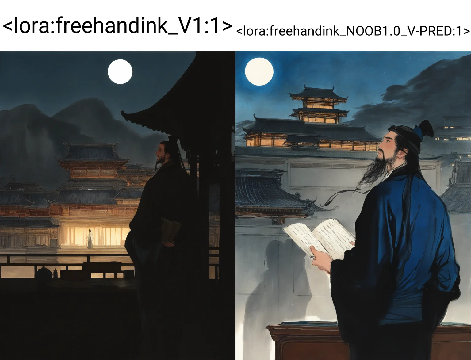 solo, 1male, beard, moon, hanfu, holding book, looking up, back view, east asian architecture, courtyard, desk, shadow, traditional media,
masterpiece, absurdres,
<lora:freehandink_V1:1>