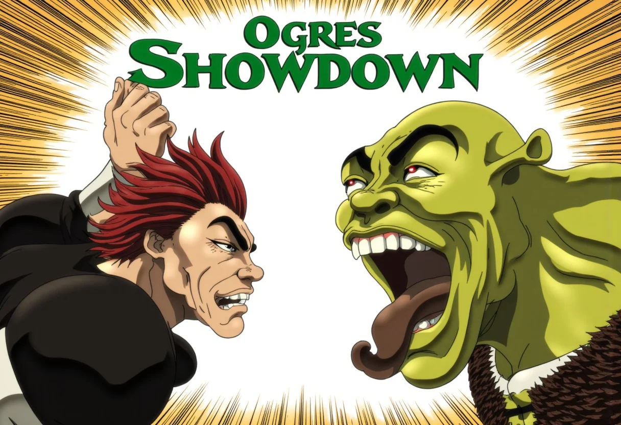 Movie poster of the movie called "Ogres Showdown" in Manga and Anime cartoon style including two characters facing off, standing agains each others. the title "Ogres Showdown" in on top of the poster The first character is Yujiro Hanma, muscular warrior with spiky red hair that wears a black sleveless shirt and also black pants, Yujiro stands in the left part of the poster, yujiro smiles in exaggerated expression
Again him in the right part of the poster stands Shrek, they both raise their hands above their heads in battle stances, getting ready to fight in manacing poses looking intro each others eyes.
Shrek opens his mouth in angry roar.
aidmatextimprover