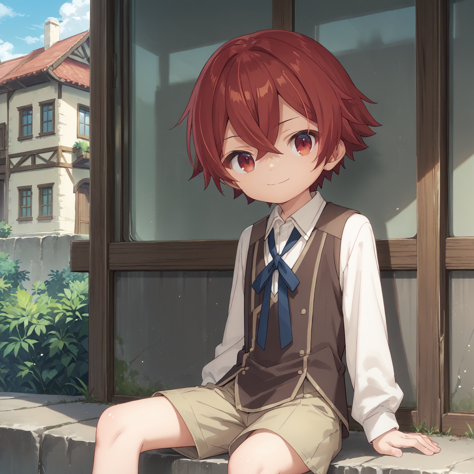 score_9, score_8_up, score_7_up, 1boy, vest, shirt, shorts, sion, cowboy_shot, looking at viewer, red hair, red eyes, zPDXL3, young, smile, sitting, <lora:sionPonyv1>