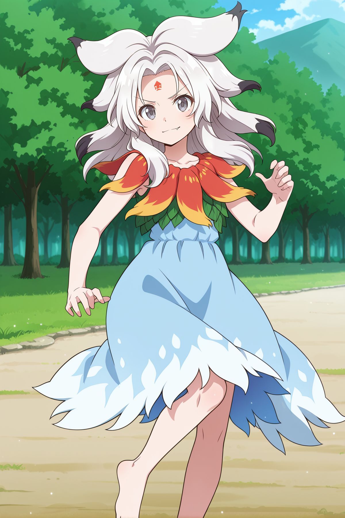 absurdres, highres, masterpiece, best quality, amazing quality, official anime artwork, screencap, anime screencap, outdoors, looking at viewer, light smile, dynamic pose, standing,
 <lora:Chimi-Houjuu_Illustrious:1> houjuu chimi, 1girl, solo, grey eyes, white hair, long hair, parted bangs, v-shaped eyebrows, fang, forehead mark,, collarbone, green vest, blue dress, sleeveless dress, leaf clothing, red leaf, barefoot,