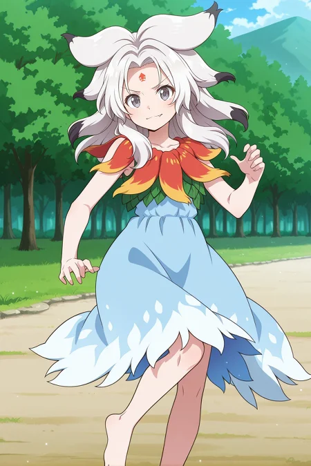 absurdres, highres, masterpiece, best quality, amazing quality, official anime artwork, screencap, anime screencap, outdoors, looking at viewer, light smile, dynamic pose, standing,
 <lora:Chimi-Houjuu_Illustrious:1> houjuu chimi, 1girl, solo, grey eyes, white hair, long hair, parted bangs, v-shaped eyebrows, fang, forehead mark,, collarbone, green vest, blue dress, sleeveless dress, leaf clothing, red leaf, barefoot,
