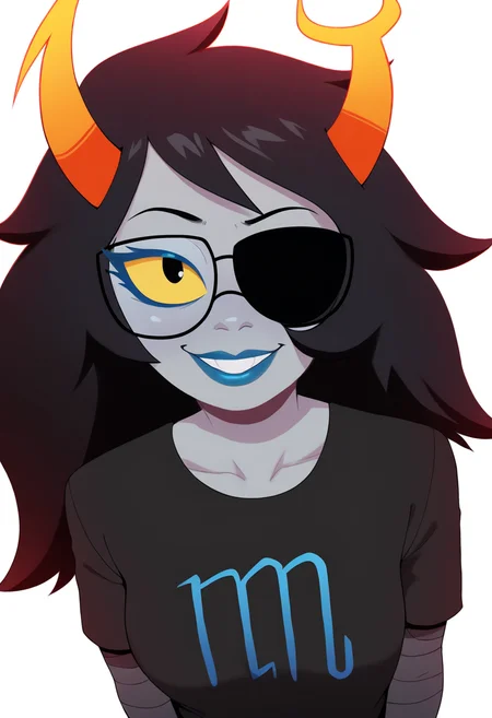 best quality, amazing quality, very aesthetic, absurdres,
1girl, vriska, black hair, long hair, horns, glasses, eyepatch, yellow sclera, colored skin, grey skin, blue lips,
black shirt,
upper body,
smile, solo, looking at viewer, simple background, white background, <lora:VriskaSerketNoobXL_byKonan:1>