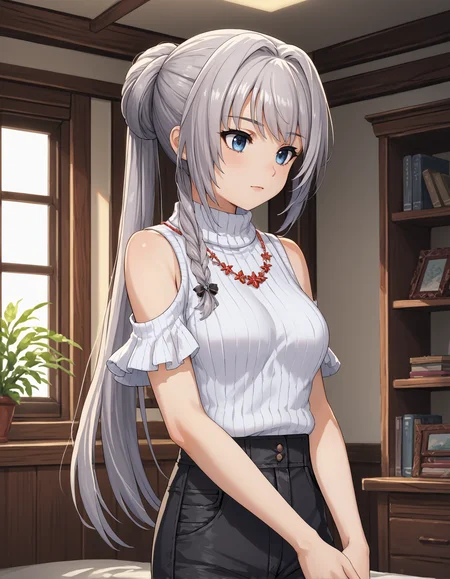 score_9, score_8_up, source_anime, 1girl, solo, upper body, medium shot, detailed, mgrcyakumomitama, mtmpbc, grey hair, ponytail, side braid, blue eyes, white sweater, shoulder cutout, red necklace, black pants, hands on lap, indoors, (side view:0.6), <lora:mgrcyakumomitama_XL:1>