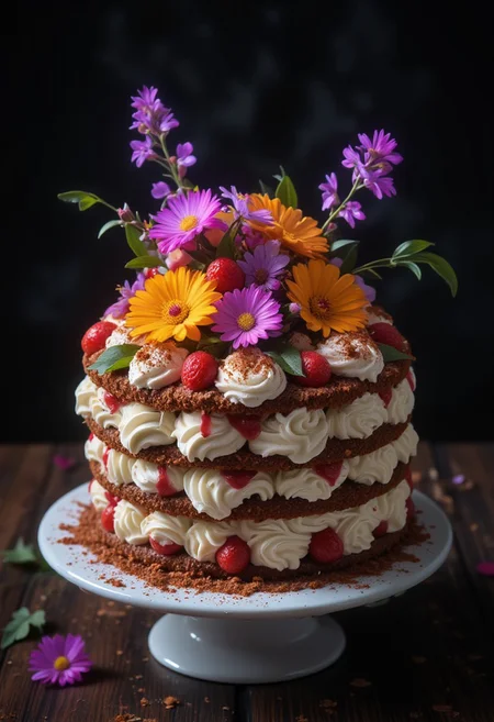 (masterpiece:1.1), (highest quality:1.1), (HDR:1.0), Cake, tiramisu , flowers , fruit, cream, intricate detail ,dark background , HD. Photography