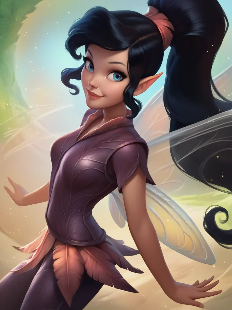 score_9, score_8_up, score_7_up, 1girl, dynamic pose, cowboy shot, looking at viewer, detailed background, magic particles around, cute pose, light smile, vegetation, dutch angle, from above, from side,
<lora:AVidia_character:0.8>, VidiaXLP, black hair, long hair, ponytail, blue eyes, fairy wings, fairy, pointy ears, purple dress, short sleeves, pants, cartoon, <lora:Bonifasco_PonyXL_v1:0.65>
