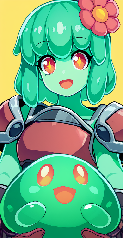 score_9, 1girl, solo, hair ornament, upper body, flower, looking at viewer, hair flower, red eyes, green hair, slime girl, monster girl, pose, smile, open mouth, shiny, simple background, <lora:juno_omega_strikers:1>