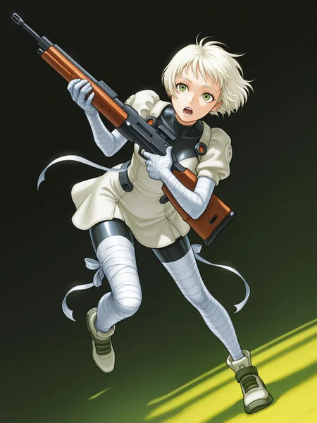 CapcomRetro, 1girl, solo, green eyes, weapon, blonde hair, gun, bodysuit, short hair, open mouth, light skin, white hair, (short hair:1.1), ,holding a large, rifle, (detailed clothing:1.2), light gray and white dress with segmented outfit, bandages wrapped around legs, (accessories:1.1), (shoes:1.1), centered in frame, facing viewer,dynamic angle, action scene, stylized art, vibrant colors, detailed, illustration ,mecha