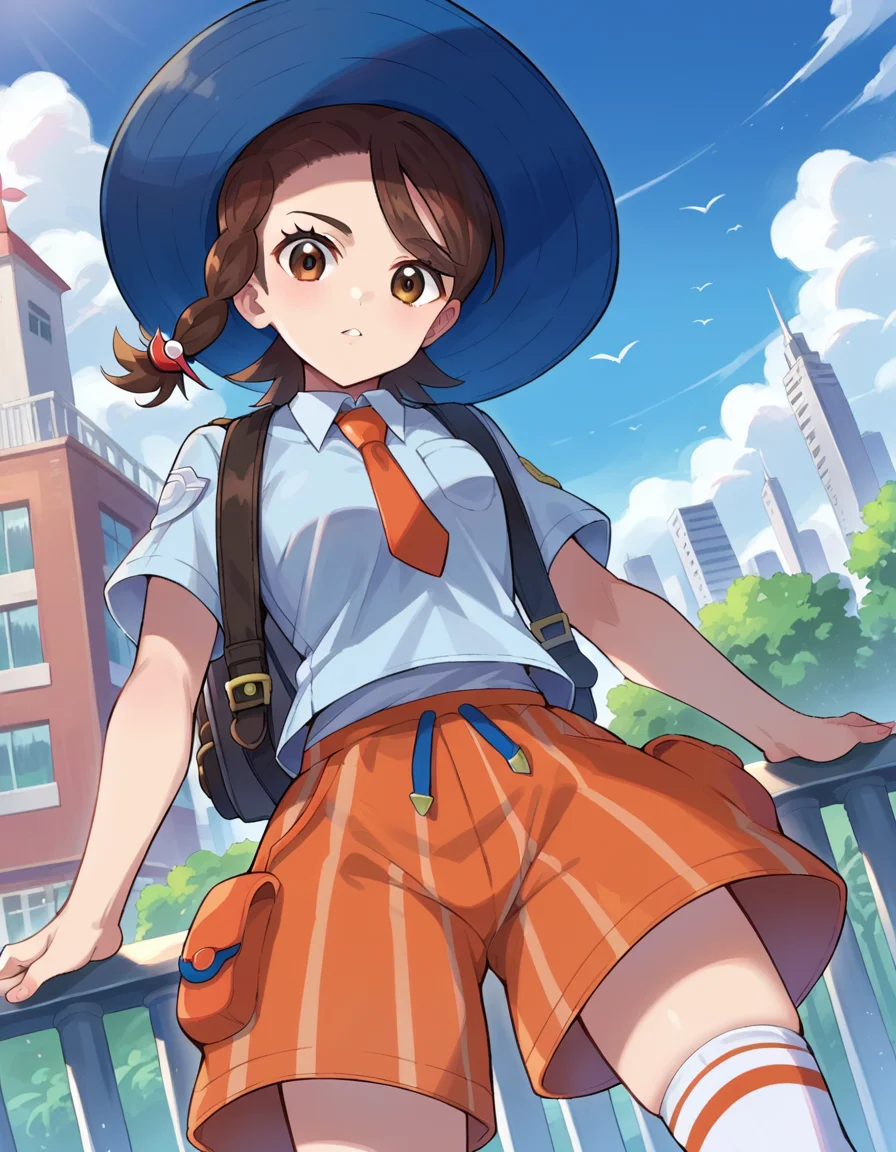 score_9, score_8_up, score_7_up, source_anime,
pokemonjuliana, <lora:pokemon-juliana-ponyxl-lora-nochekaiser:1>
pokemonjuliana, braid, brown eyes, brown hair, hair ornament, hairclip, side braid, single braid, swept bangs,
backpack, bag, blue headwear, blue shirt, breast pocket, collared shirt, hat, kneehighs, naranja academy school uniform, necktie, orange necktie, orange shorts, pocket, school uniform, shirt, short sleeves, shorts, socks, striped, striped shorts, sun hat, white socks,
outdoors, cityscape,
looking at viewer, cowboy shot, dutch angle,