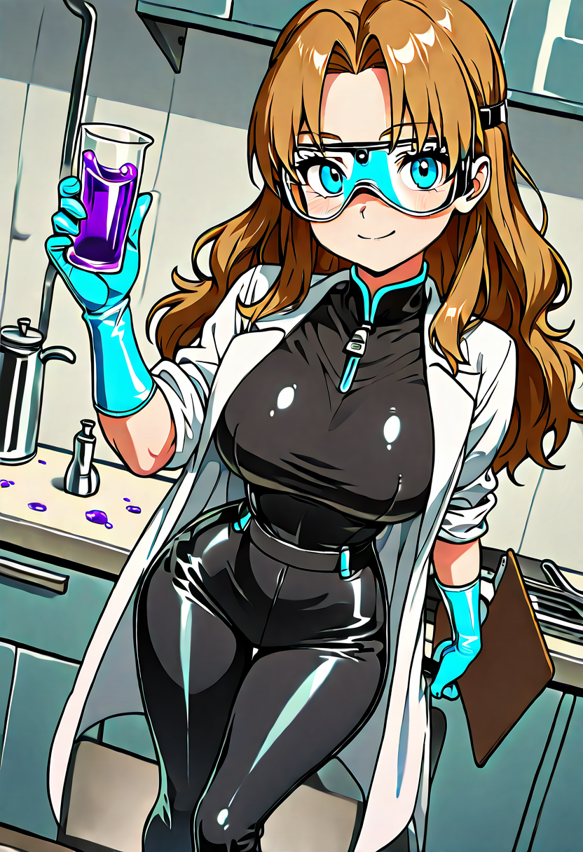 masterpiece, best quality, solo, curvy, beautiful eyes, narrow waist, wide hips, 1girl, solo, smile, looking at viewer, dynamic angle, foreshortening, close up,    zzMolly, molly hale, blue eyes, brown hair, parted bangs, long hair,   ,<lora:MollyHalePokemonIXL:1.0>, [Chemist in the Lab], white lab coat with rolled-up sleeves, safety goggles, blue latex gloves, black dress pants, polished leather shoes, holding a beaker filled with bubbling purple liquid, clipboard with chemical equations in hand, working at a shiny stainless steel lab counter with glass flasks and test tubes,