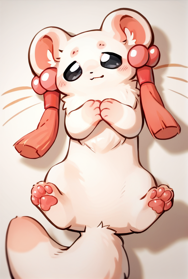 score_9, score_8_up, score_7_up, rating_safe, source_furry, big pink paw pads, cute, feral, on back <lora:Tubaoshu_Fabulous_Beasts_Pony:1> tubaoshu_f4bulousb3asts, ferret, ear accessory, open eyes, black eyes
