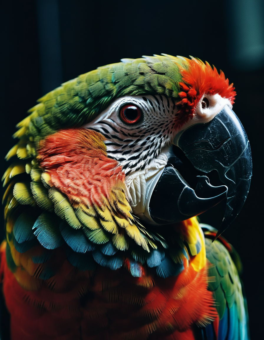 macro shot, cinematic photo of parrot, colorful, dark shot, film grain, extremely detailed