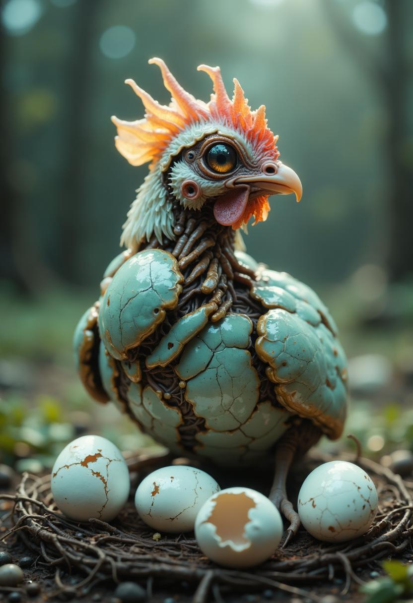 cinematic film still (chicken:1.5) made out of b10t4c34an, iridescent exoskeleton, (outdoors on a farm:1.5), (sitting on:1.45) a nest of cracked broken (alien eggs:1.75)  . shallow depth of field, vignette, highly detailed, high budget, bokeh, cinemascope, moody, epic, gorgeous, film grain, grainy