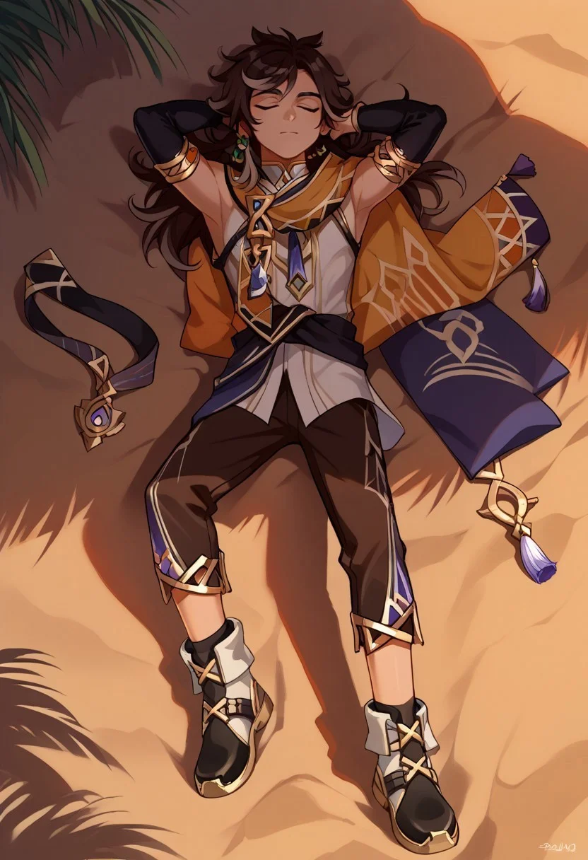 score_9, score_8_up, score_7_up, source_anime, highly detailed,
sethos, sethos, 1boy, male focus, solo, dark skin, dark-skinned male, multicolored hair, two-tones hair, streaked hair, brown hair, black hair, long hair, closed eyes, shirt, white shirt, sleeveless, cape, orange cape, elbow gloves, black gloves, finglerless gloves, sash, pants, brown pants, capri pants, shoes, ankle boots, jewelry, armlet, earrings, single earring, tassel,
outdoor, desert, oasis, palm, shadows, lying, on back, sleeping, hands behind head,
