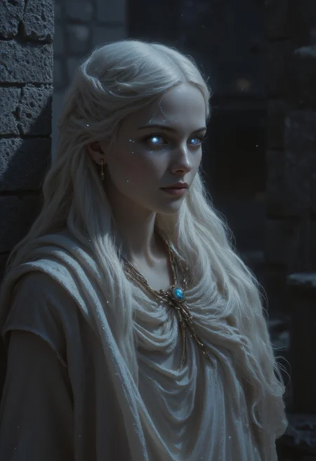 Gorgeous Galactic, Ethereal female figure with luminescent alabaster skin that seems to capture and reflect moonlight like living opal, impossibly large iridescent eyes that shimmer with an otherworldly sapphire glow. Delicate features framed by flowing platinum-white hair that moves like silk in the night breeze. Petite yet graceful form draped in diaphanous robes that blend with the mist. Standing before ancient weathered stone walls, her presence bridges the mortal and spirit realms. Hyperrealistic digital painting, mystical atmosphere, moonlit night, volumetric fog, cinematic lighting.