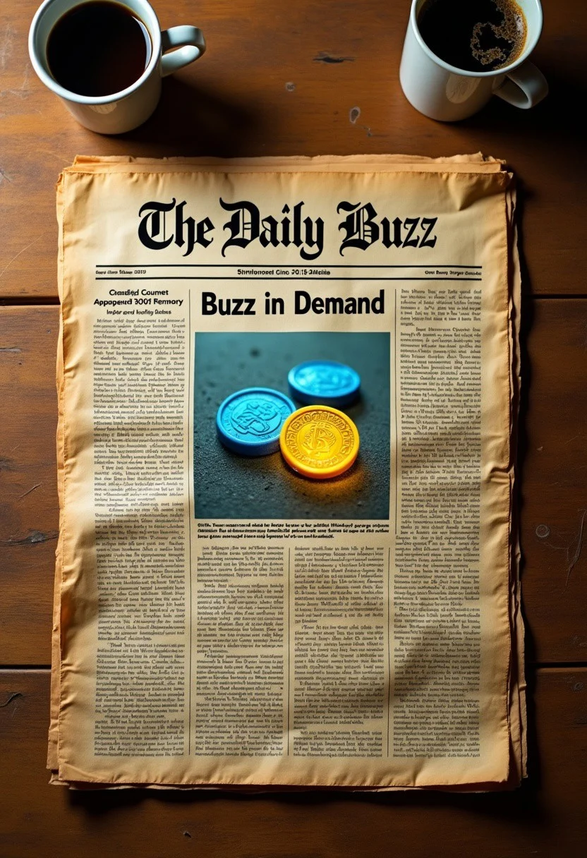 An overhead shot of an old, yellowed newspaper with a vintage aesthetic, titled 'The Daily Buzz.' The headline in bold letters reads: 'Buzz in Demand.' The front page is filled with several buzz-related stories, each in smaller columns and faded black ink, showcasing a variety of playful headlines and short blurbs. Prominently displayed on the front page is a picture of blue and yellow coins, glowing faintly to emphasize their importance in the stories. The newspaper texture appears slightly wrinkled and aged, with coffee stains and faint creases on the corners. The background is a wooden table with scratches and an old coffee cup sitting nearby for added realism. The lighting is warm, casting soft shadows, enhancing the nostalgic atmosphere."